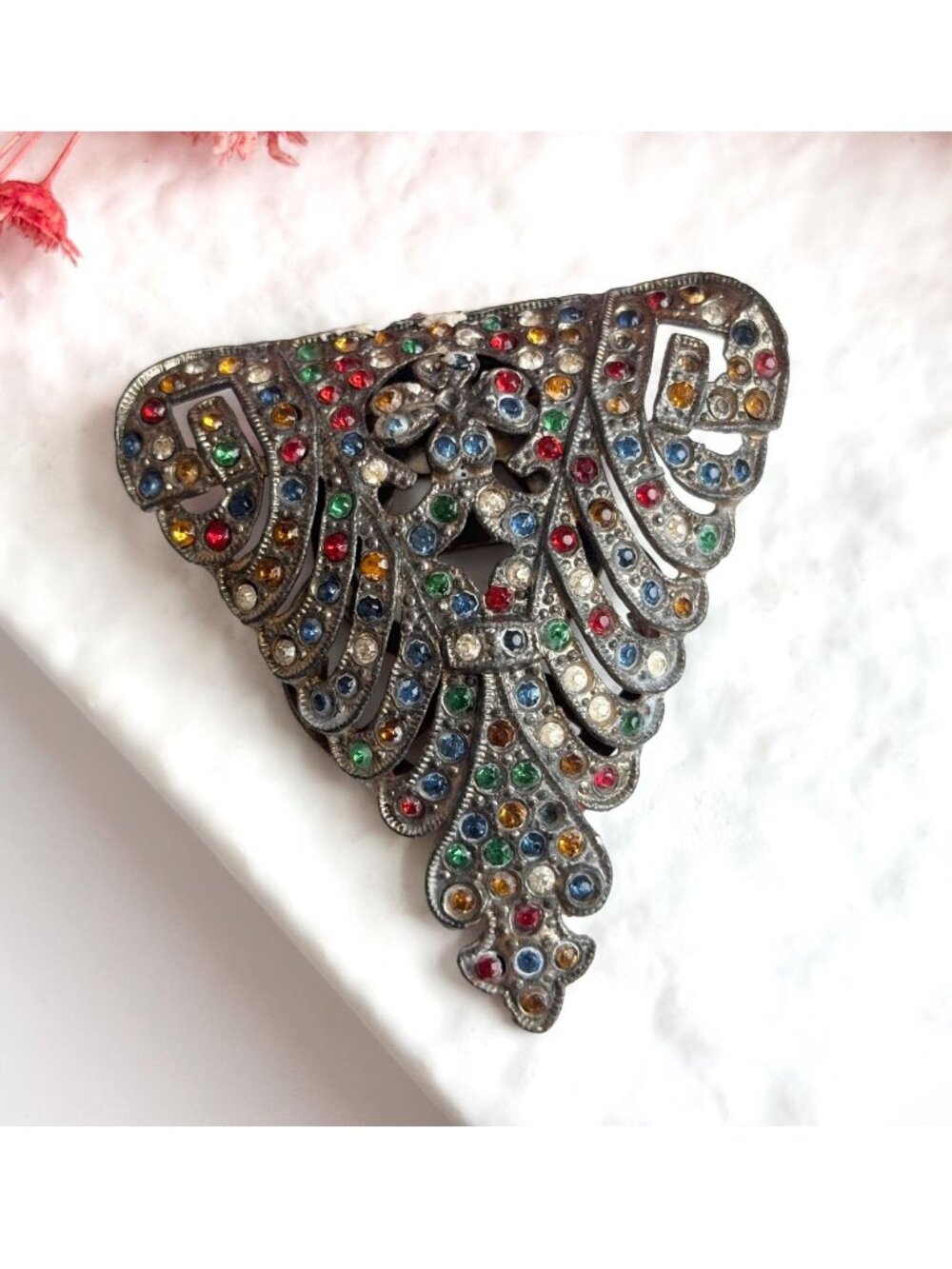 Triangular Art Deco Rainbow Rhinestone Antique Vintage Dress Clip | Fur Clip